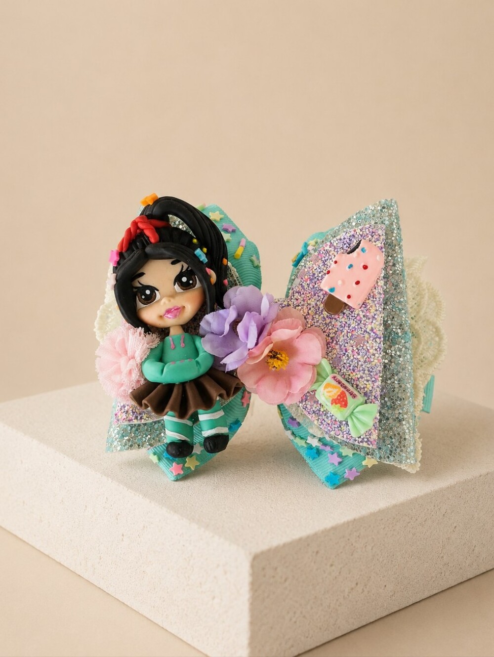 Mint Glitter Character Bow Hair Clip with Floral Accents